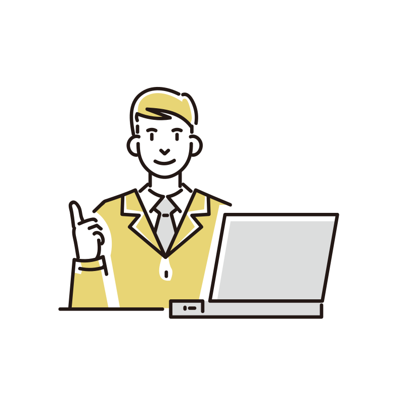 パソコンで主張するスーツを着た男性のイラスト