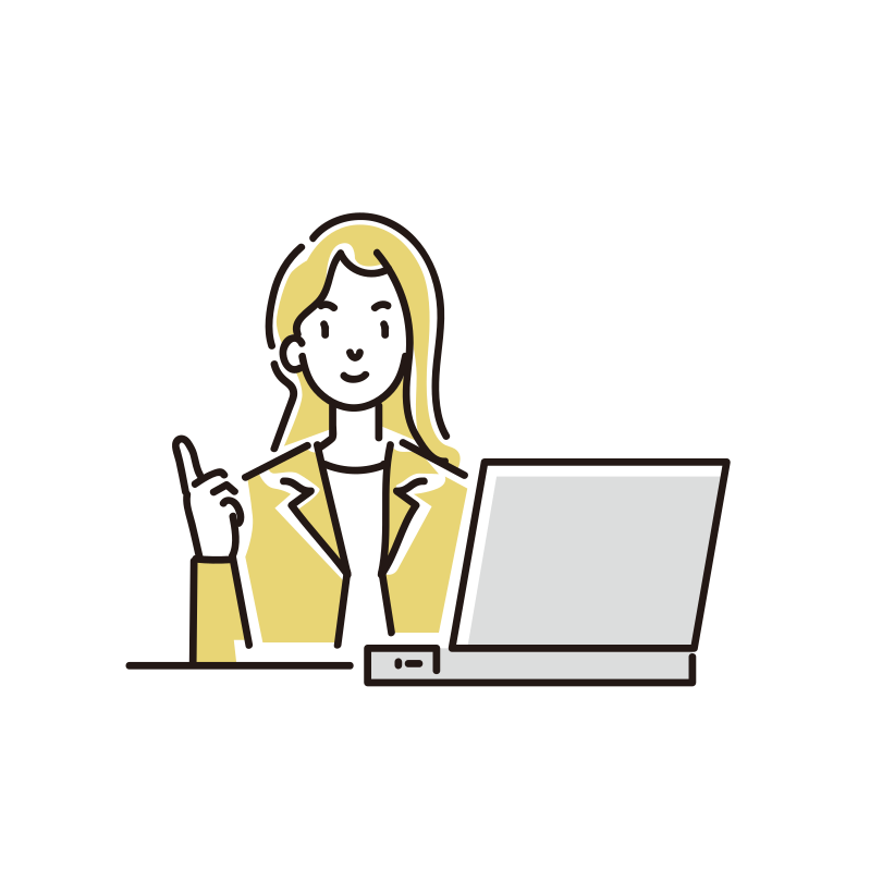 パソコンで主張するスーツを着た女性のイラスト