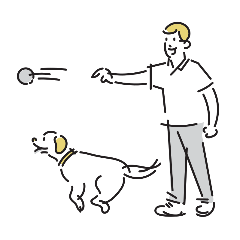 犬とボール遊びをする男性のイラスト