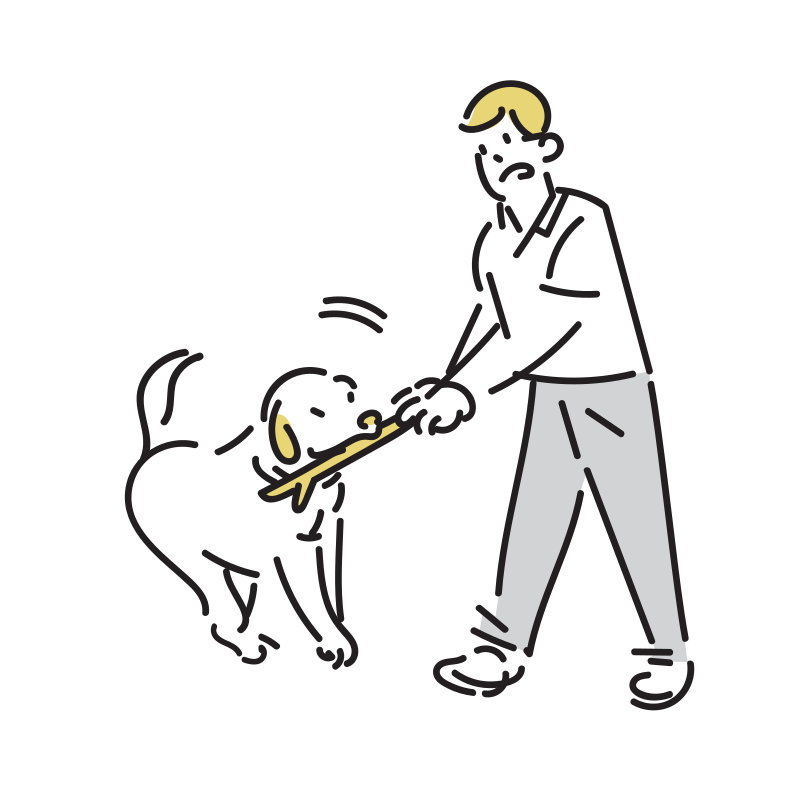 木の棒を咥えた犬と遊ぶ男性のイラスト