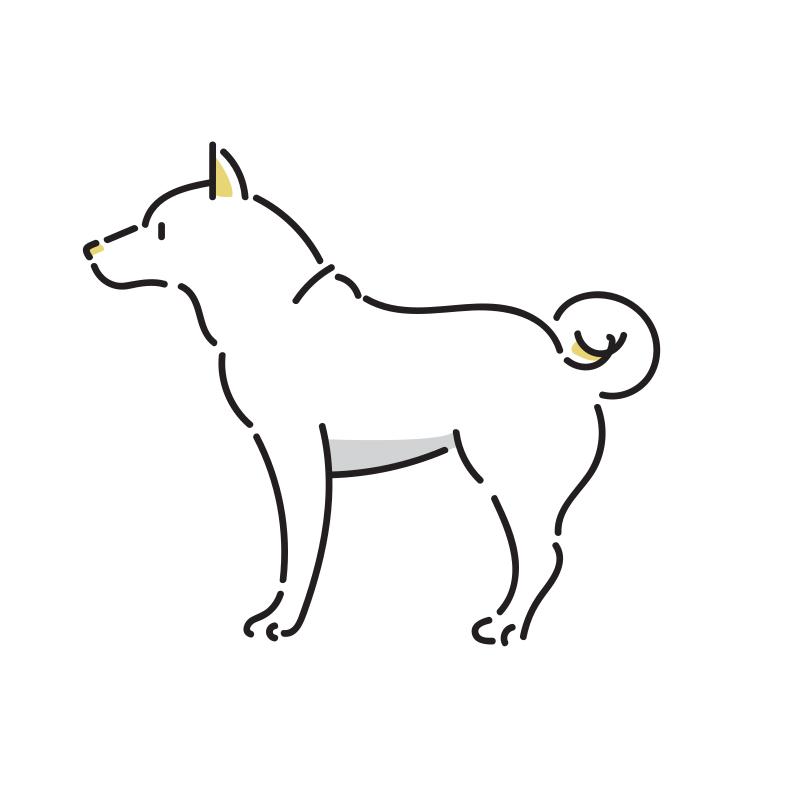 つ、よ、様ヘひたむきな犬のイラストデザイン おへやで ぬくぬくしてると ふわぁ・・・ ねむくなっちゃいます