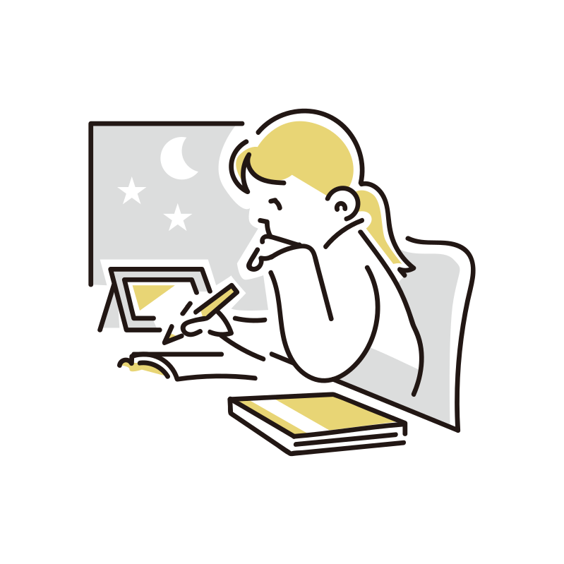 深夜に勉強する受験生のイラスト