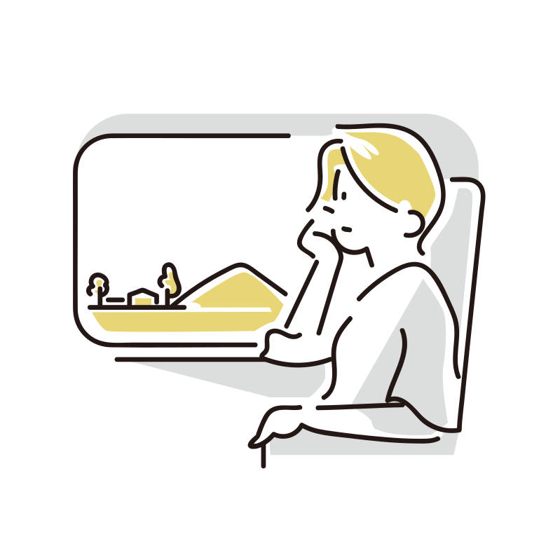 車窓と旅行客のイラスト