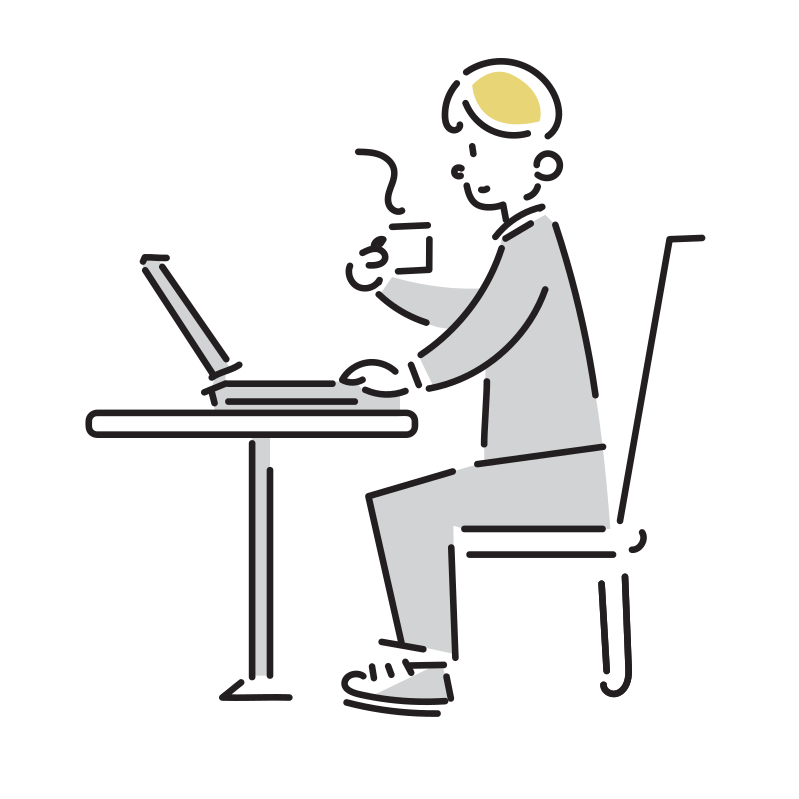 カフェで仕事するビジネスマンのイラスト(男性)