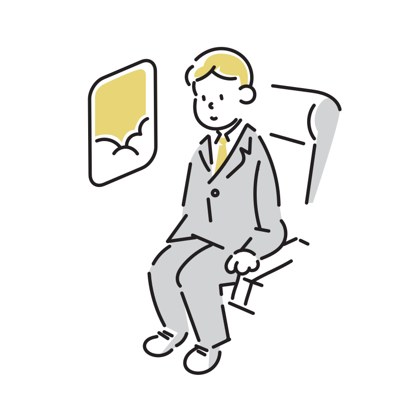 飛行機で座るビジネスマンのイラスト(男性)