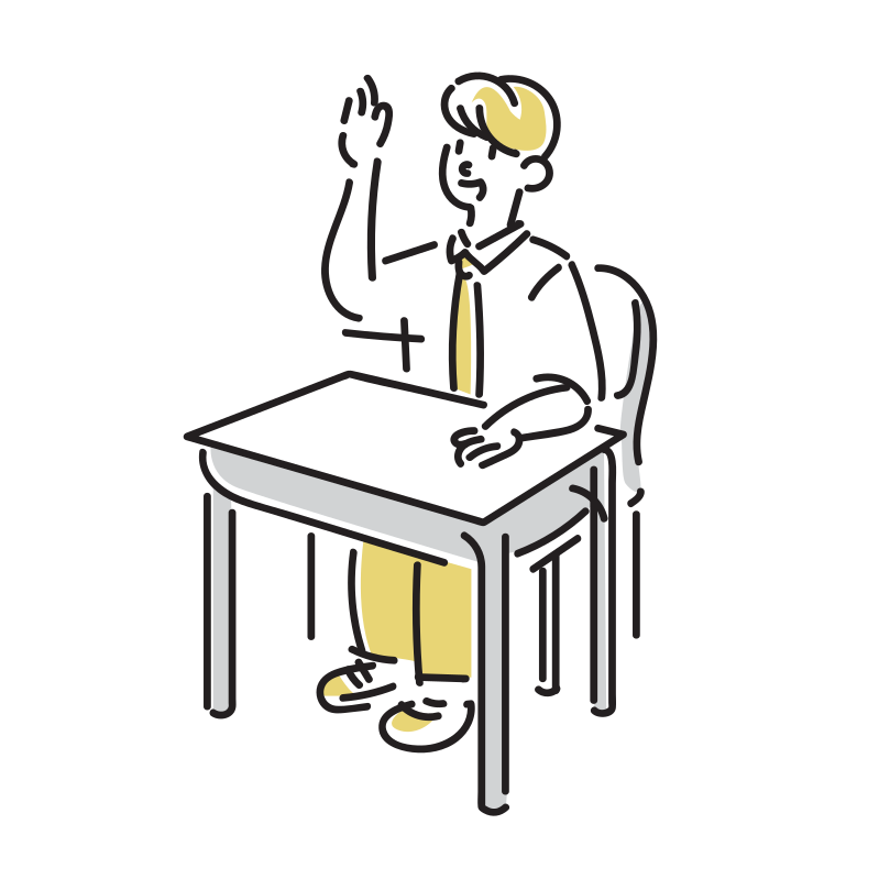 机に座って授業で手を上げる男子学生のイラスト(中学生・高校生)