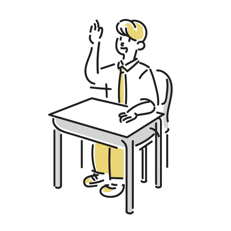 机に座って授業で手を上げる男子学生のイラスト 中学生 高校生 Loose Drawing 無料で商用利用可なフリーイラスト