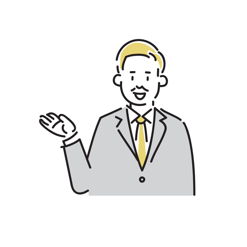 紹介するビジネスマンのイラスト(中年男性)